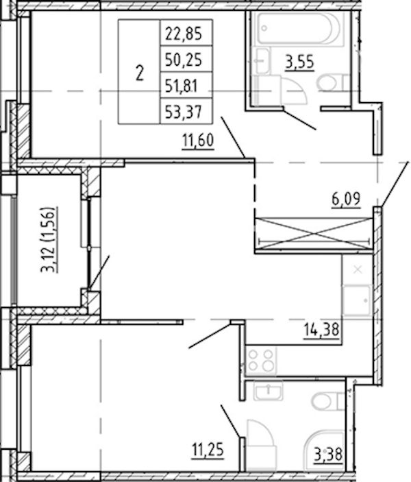 2-комнатная квартира 50.25 м², 2/12 эт., ЖК «Полис Новоселье»
